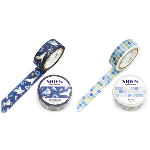 Kamiiso 15mm Washi Tape Set of 2 - Seagull Sailor & Blue Tile
