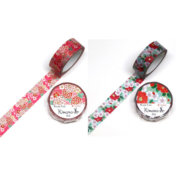 Kamiiso 15mm Washi Tape Set of 2 - Kimono Chrysanthemum & Camellia 