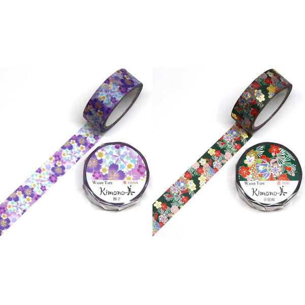 Kamiiso 15mm Washi Tape Set of 2 - Kimono Purple Nadeshiko & Temari Plum Flower