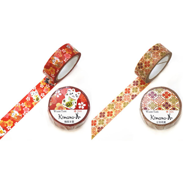 Kamiiso 15mm Washi Tape Set of 2 - Kimono Beckoning Cat & Shippo Hanabishi Pattern