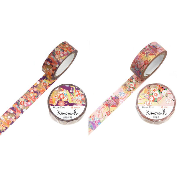 Kamiiso 15mm Washi Tape Set of 2 - Kimono Origami Paper Crane & Spool of Thread