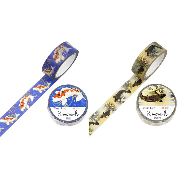 Kamiiso 15mm Washi Tape Set of 2 - Kimono Koi Fish Blue & Black Gold