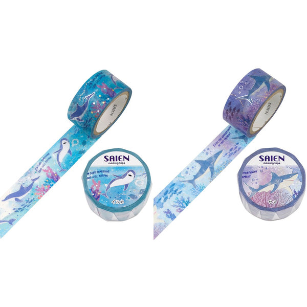 Kamiiso 20mm Washi Tape Set of 2 - Saien Marine Life Dolphine & Shark