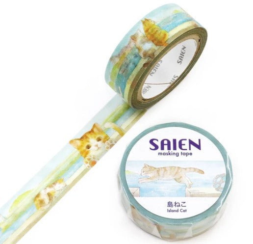 Kamiiso SAIEN Masking Tape - Island Cat, 15mm x 7m roll (Pack of 10)