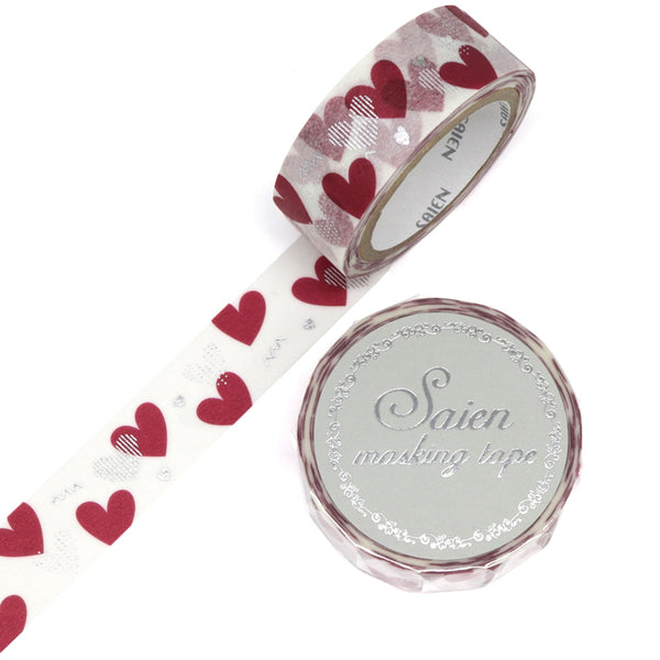Kamiiso SAIEN Washi Masking Tape - Heart, Silver Foil, 15mm x 7m roll