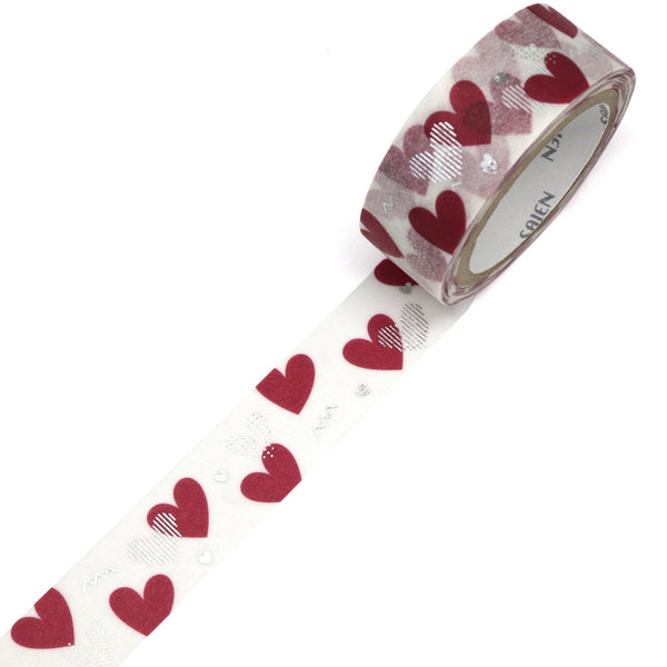 Kamiiso SAIEN Washi Masking Tape - Heart, Silver Foil, 15mm x 7m roll