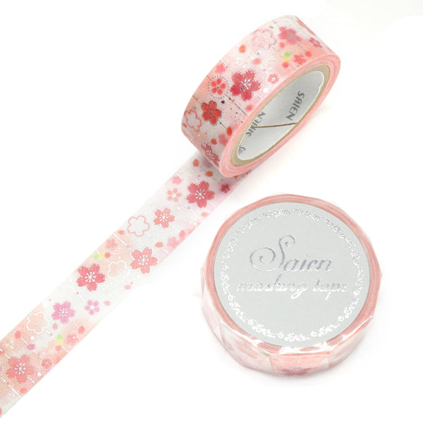 Kamiiso SAIEN Washi Masking Tape - Cherry Blossom Ornament, Silver Foil, 15mm x 7m roll