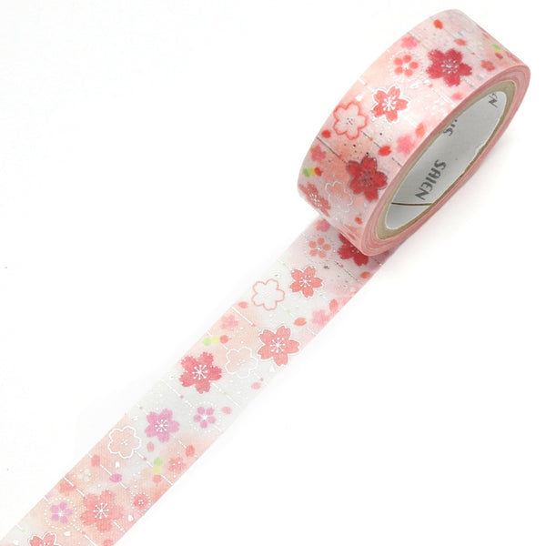 Kamiiso SAIEN Washi Masking Tape - Cherry Blossom Ornament, Silver Foil, 15mm x 7m roll