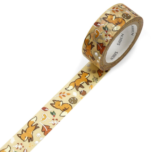 Kamiiso SAIEN Washi Masking Tape - Fox and Fallen Leaves, Silver Foil, 15mm x 7m roll
