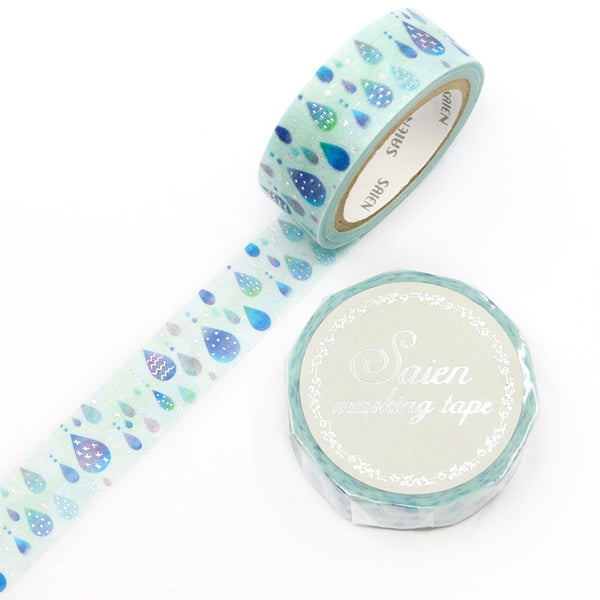Kamiiso SAIEN Washi Masking Tape - Raindrops, Silver Foil, 15mm x 7m roll