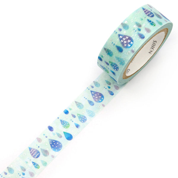 Kamiiso SAIEN Washi Masking Tape - Raindrops, Silver Foil, 15mm x 7m roll