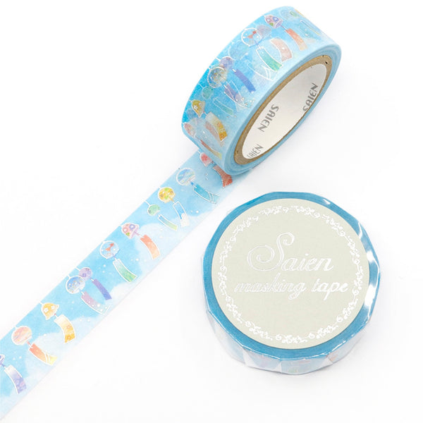 Kamiiso SAIEN Washi Masking Tape - Furin (Wind Chime), Silver Foil, 15mm x 7m roll