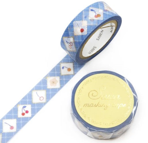 Kamiiso SAIEN Masking Tape - Cherries, Gold Foil, 15mm x 7m roll (Pack of 10) | papermindstationery.com