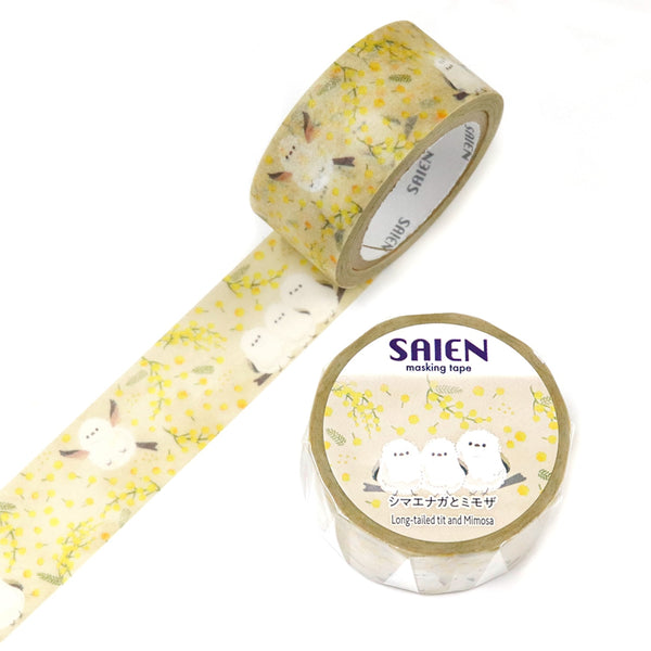 Kamiiso SAIEN Washi Masking Tape - Long-tailed Tit Bird and Mimosa, 20mm x 7m roll