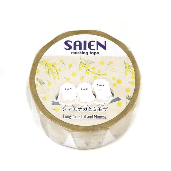 Kamiiso SAIEN Washi Masking Tape - Long-tailed Tit Bird and Mimosa, 20mm x 7m roll
