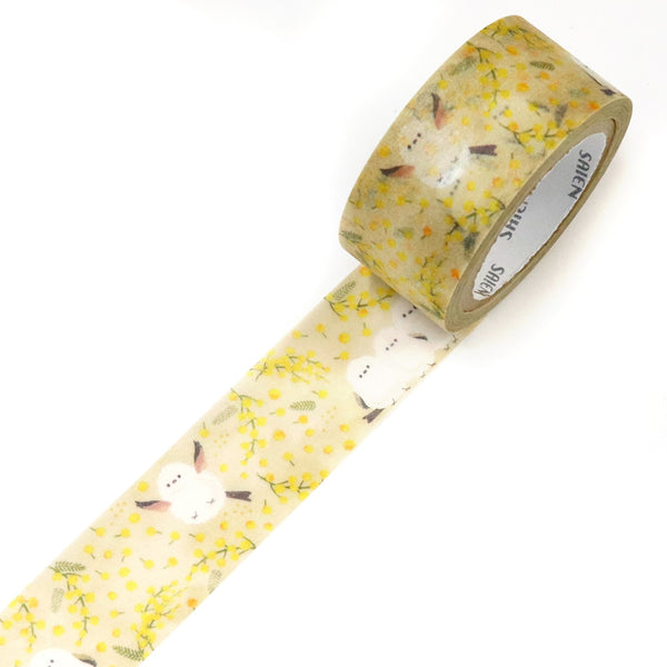 Kamiiso SAIEN Washi Masking Tape - Long-tailed Tit Bird and Mimosa, 20mm x 7m roll