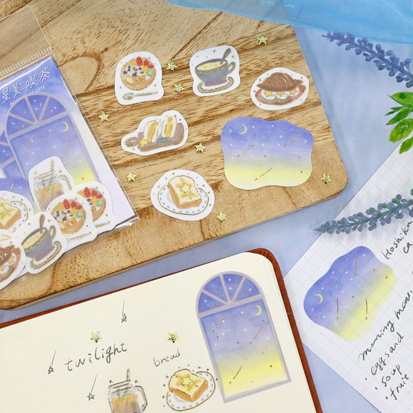 Kamiiso SAIEN Flake Stickers - Hoshikage Kissa (Starlight Cafe) - Usuakari (Dim Light) Morning (Pack of 10) | papermindstationery.com