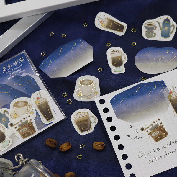 Kamiiso SAIEN Flake Stickers - Hoshikage Kissa (Starlight Cafe) - Mayonaka (Midnight) Coffee (Pack of 10) | papermindstationery.com