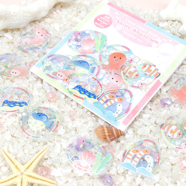 Kamiiso Holographic Foil-Stamped Flake Stickers - Shiny Aquarium Peaceful Sea (Pack of 10) | papermindstationery.com