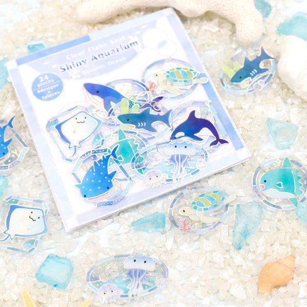 Kamiiso Holographic Foil-Stamped Flake Stickers - Shiny Aquarium Dynamic Ocean (Pack of 10) | papermindstationery.com