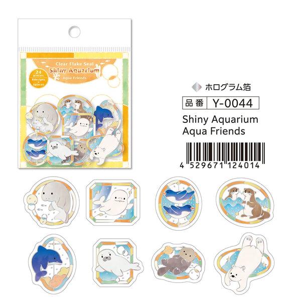 Kamiiso Holographic Foil-Stamped Flake Stickers - Shiny Aquarium Aqua Friends (Pack of 10) | papermindstationery.com