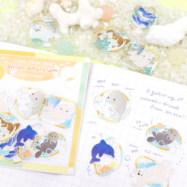 Kamiiso Holographic Foil-Stamped Flake Stickers - Shiny Aquarium Aqua Friends (Pack of 10) | papermindstationery.com
