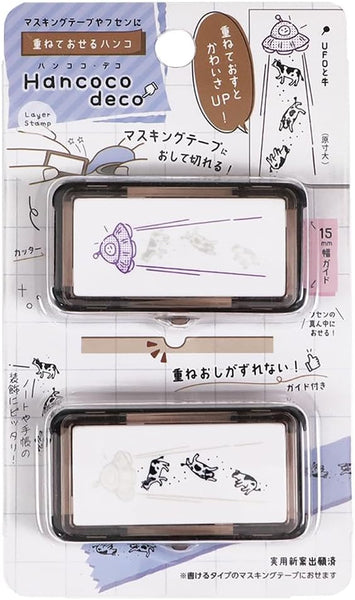 Kutsuwa Pre-inked Stamp Hancoco Deco - UFO & Cow (Pack of 3) | papermindstationery.com