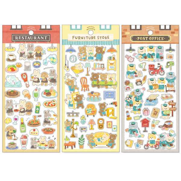 Mind Wave Sticker Sheet Set of 3 - Animal Character Workers Rabbit, Bear & Cat