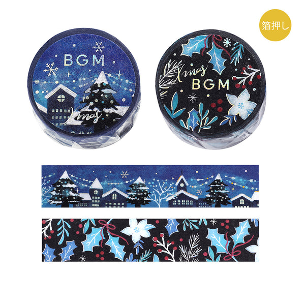 BGM 20mm Washi Tapes Set of 2 - Christmas Sparkling Night & Holly Flowers