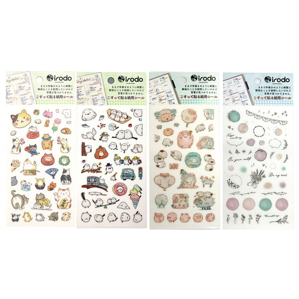 Irodo Paper Transfer Sticker Sheet Set of 4 - Animal Decor Cat, Long-tailed Tit, Sheep & Circle Decor