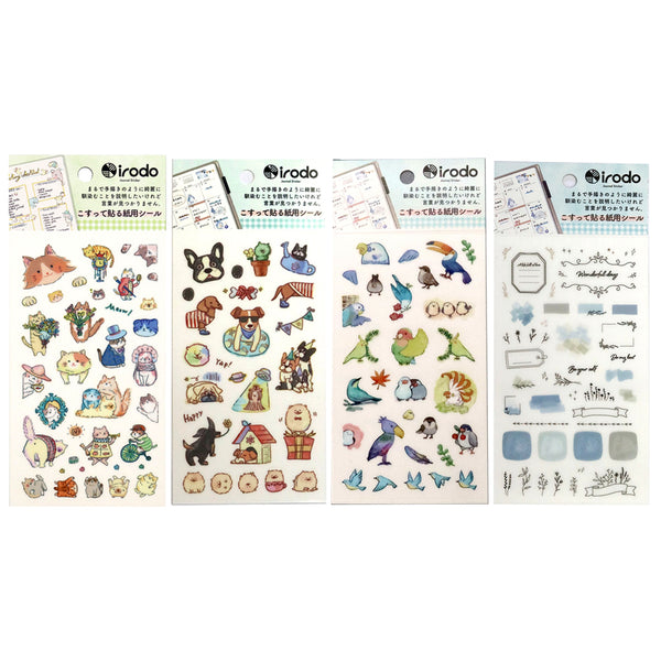 Irodo Paper Transfer Sticker Sheet Set of 4 - Animal Decor Cat, Dog, Bird & Square Decor