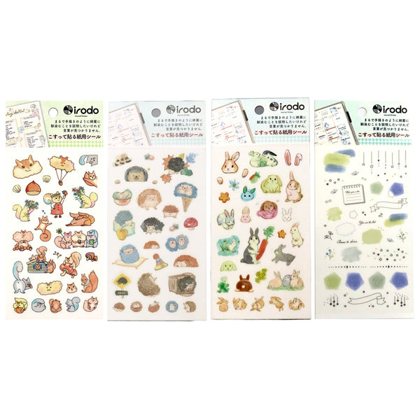 Irodo Paper Transfer Sticker Sheet Set of 4 - Animal Decor Squirrel, Hedgehog, Rabbit & Terrace Decor