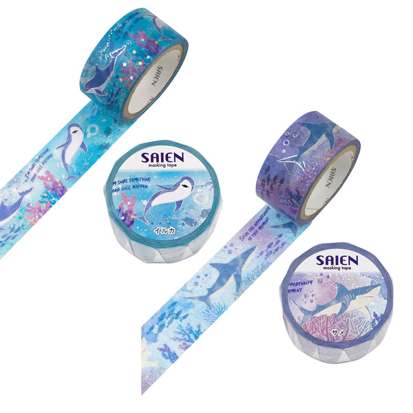 Kamiiso Sansyo 20mm Washi Tapes Set of 2 - Saien Marine Life Dolphine & Shark