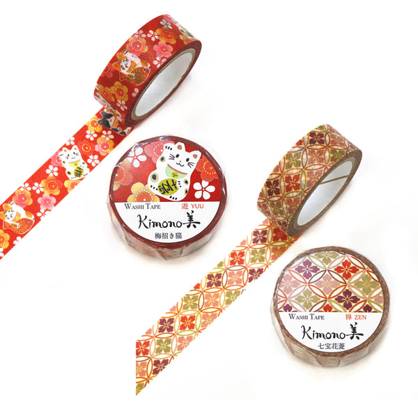 Kamiiso Sansyo 15mm Washi Tapes Set of 2 - Kimono Plum Beckoning Cat & Shippo Hanabishi Pattern