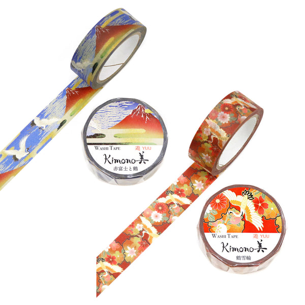 Kamiiso Sansyo 15mm Washi Tapes Set of 2 - Kimono Fuji Crane & Crane Floral Circle