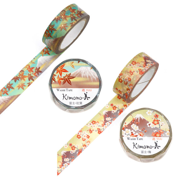 Kamiiso Sansyo 15mm Washi Tapes Set of 2 - Kimono Fuji Autumn & Fuji Plum Blossoms
