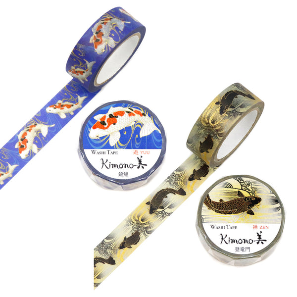Kamiiso Sansyo 15mm Washi Tapes Set of 2 - Kimono Koi Fish Blue & Black Gold