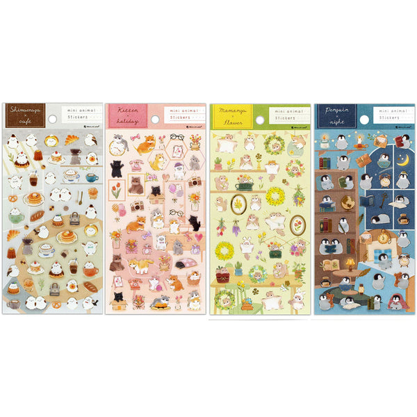 NB Co. Sticker Sheet Set of 4 - Long-tailed Tit Bird, Kitten, Flying Squirrel & Penguin