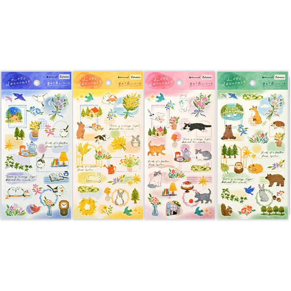 NB Co. Sticker Sheet Set of 4 - Deco Time Bird, Rabbit, Cat & Forest Animals