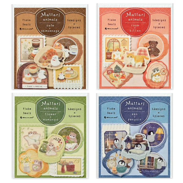 NB Co. Flake Stickers Set of 4 - Mattari Animals Relaxing Day | papermindstationery.com