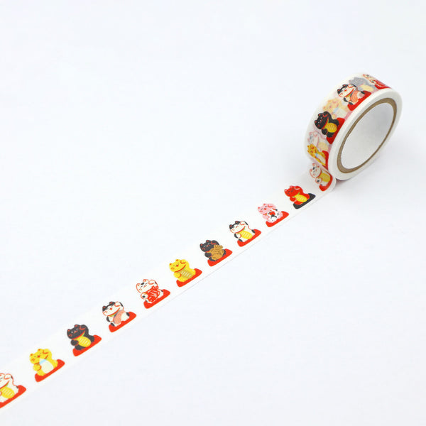 World Craft 15mm Washi Tape Smiling Beckoning Cat HMT-008 (Pack of 4) | papermindstationery.com