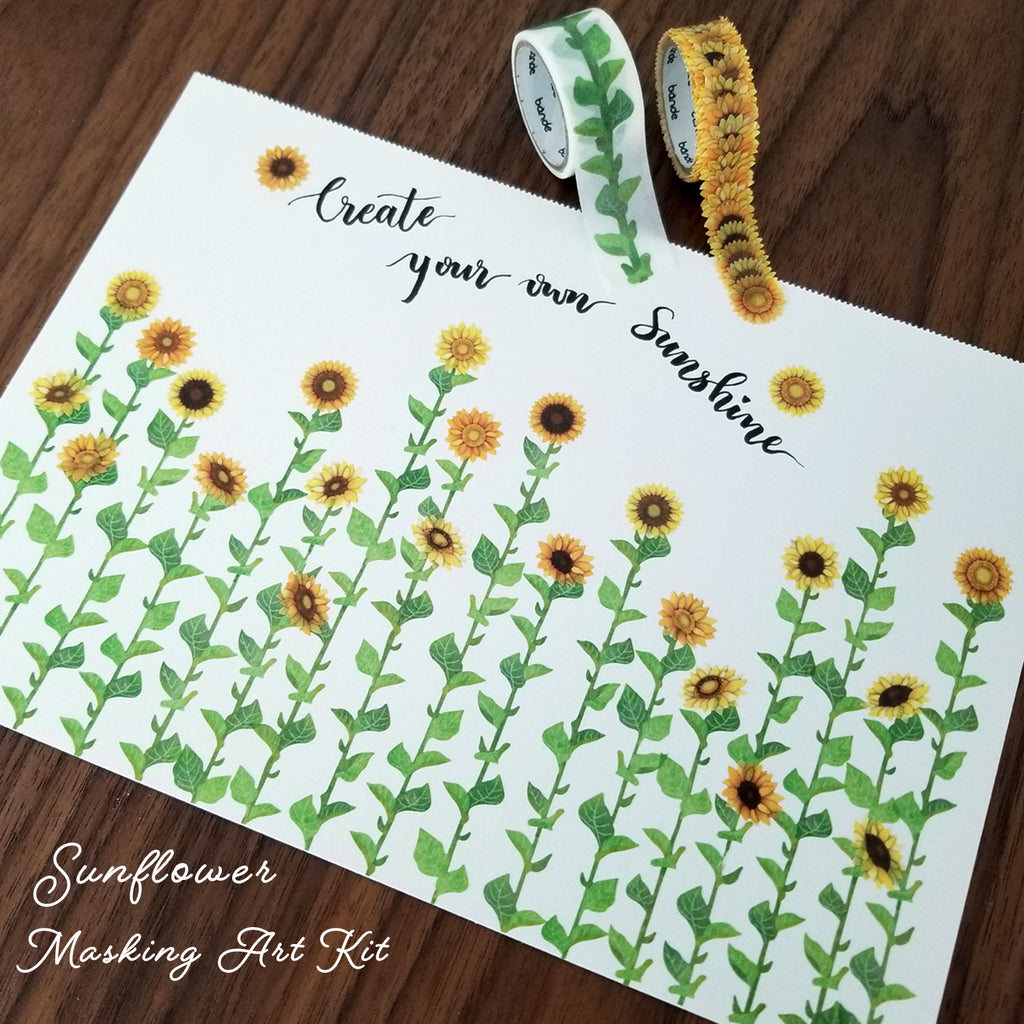 Sunflower Field Artwork by using Bande washi roll sticker kit including a roll of sunflower stickers and transfer masking tape (sunflower stem)