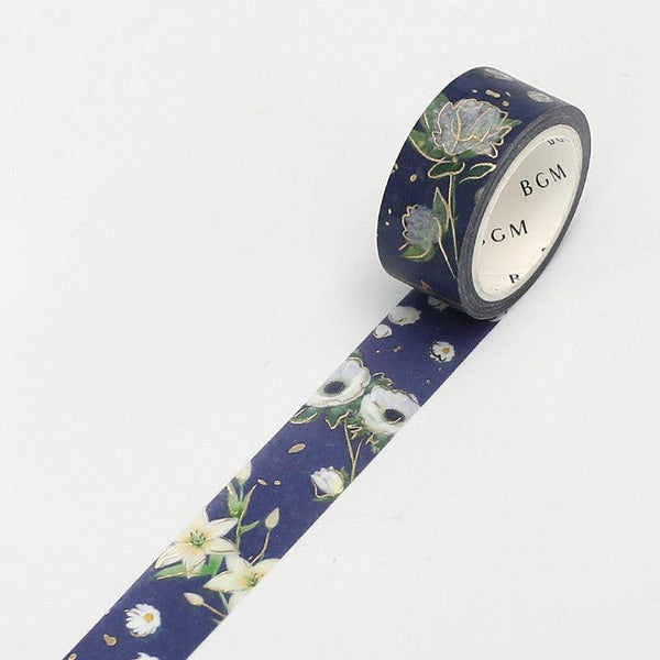 BGM Washi Tape 15mm Masking Tape Foil Stamping - Garden Blue | papermindstationery.com | 15mm Washi Tapes, BGM, Flower, Washi Tapes