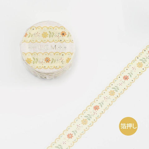 BGM Washi Tape 15mm Foil Stamping - Embroidery Pattern Floral Yellow | papermindstationery.com | 15mm Washi Tapes, BGM, boxing, Flower, sale, Washi Tapes