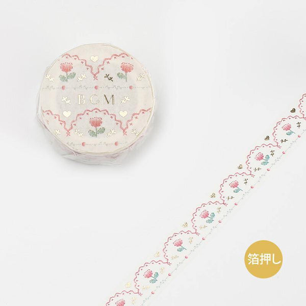 BGM Washi Tape 15mm Foil Stamping - Embroidery Pattern Floral Pink | papermindstationery.com | 15mm Washi Tapes, BGM, Flower, Washi Tapes