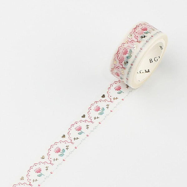 BGM Washi Tape 15mm Foil Stamping - Embroidery Pattern Floral Pink | papermindstationery.com | 15mm Washi Tapes, BGM, Flower, Washi Tapes