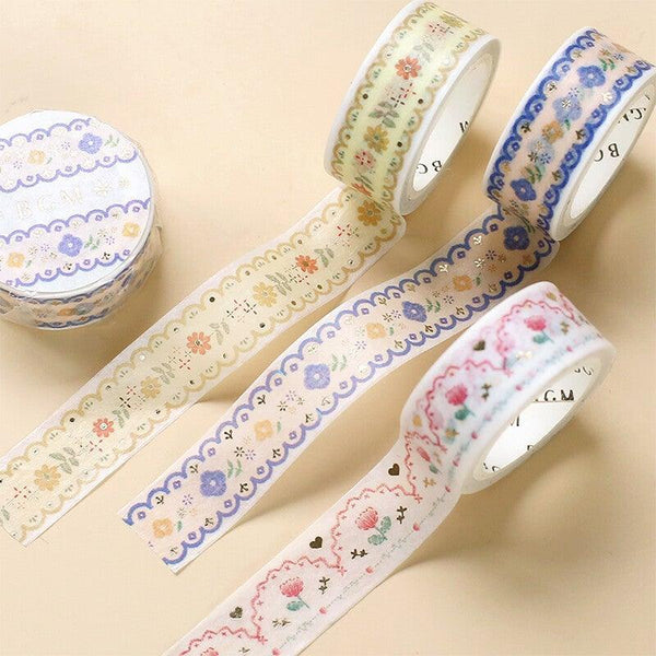 BGM Washi Tape 15mm Foil Stamping - Embroidery Pattern Floral Pink | papermindstationery.com | 15mm Washi Tapes, BGM, Flower, Washi Tapes