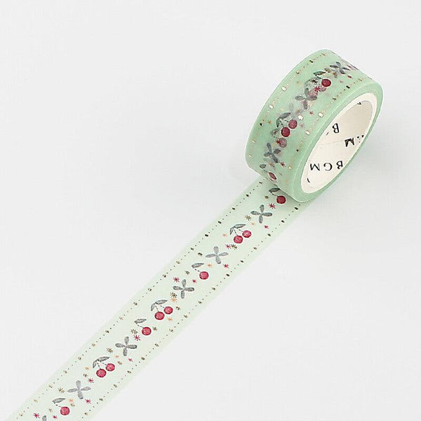 BGM Washi Tape 15mm Foil Stamping - Embroidery Pattern Cherry Green | papermindstationery.com | 15mm Washi Tapes, BGM, boxing, Fruit, sale, Washi Tapes