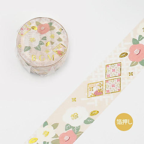 BGM Washi Tape 20mm Masking Tape Foil Stamping -Japanese Style Golden Camellia | papermindstationery.com | 20mm Washi Tapes, BGM, Flower, Washi Tapes