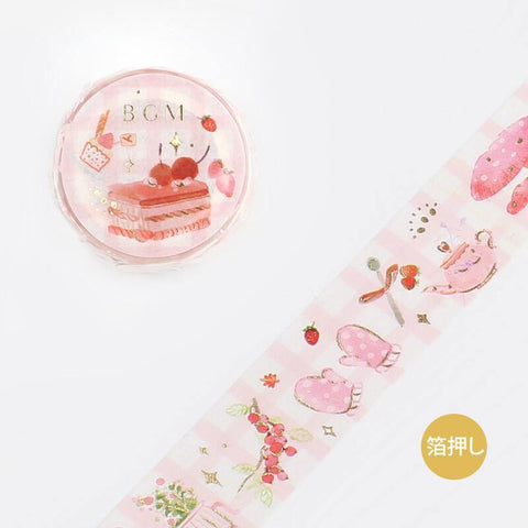 BGM Washi Tape 20mm Masking Tape Foil Stamping - Strawberry Tea Time | papermindstationery.com | 20mm Washi Tapes, BGM, Cafe, Dessert, Washi Tapes